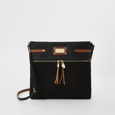 river island black double pocket messenger bag