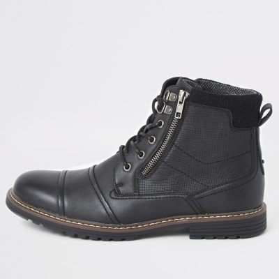 Black double zip lace-up military boots | River Island