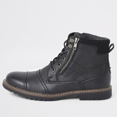 Black double zip laceup military boots River Island