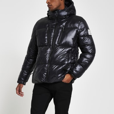 Black double zip pocket puffer jacket