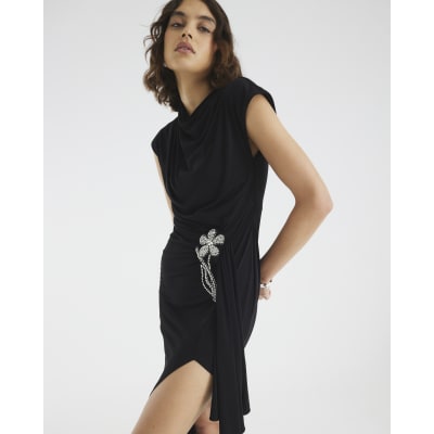Black Drape Floral Trimmed Midi Dress