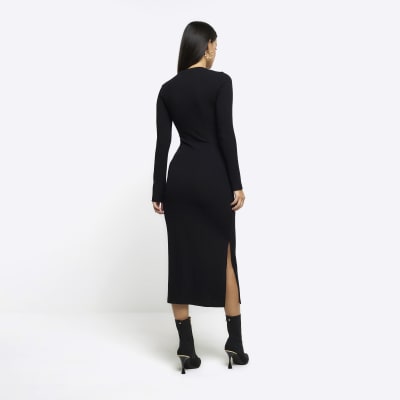 Black drape front bodycon midi dress | River Island