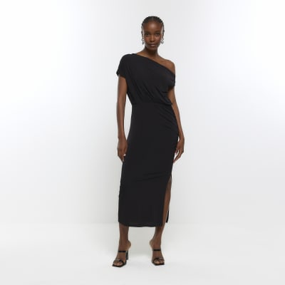 Black Drape Midi Dress | River Island