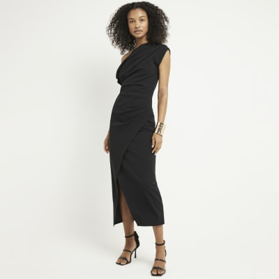 Black drape off shoulder bodycon midi dress | River Island