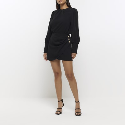 Black drape skort playsuit | River Island