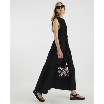 Black Drawstring Tiered Maxi Dress