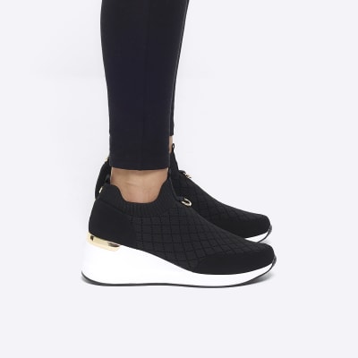 Black Elastic Wedge Trainers | River Island