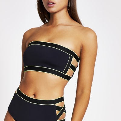 Black elasticated bandeau bikini top | River Island