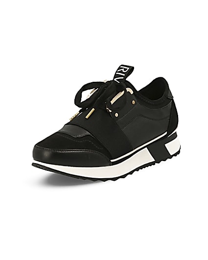 360 degree animation of product Black elasticated lace-up runner trainers frame-0