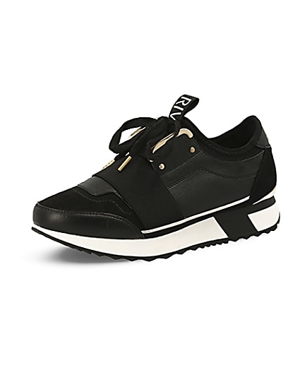 360 degree animation of product Black elasticated lace-up runner trainers frame-1