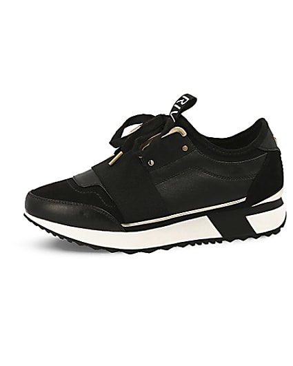 360 degree animation of product Black elasticated lace-up runner trainers frame-2