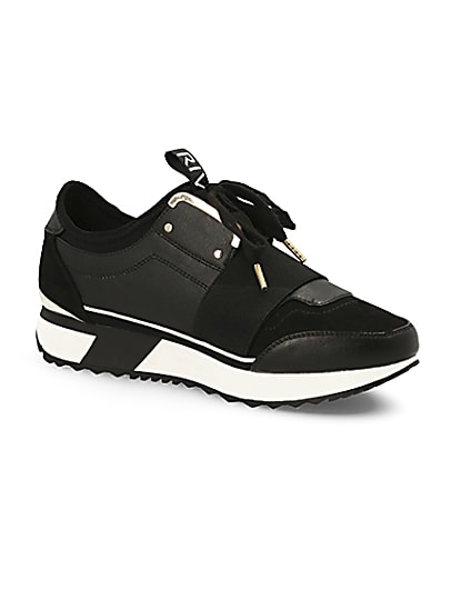 360 degree animation of product Black elasticated lace-up runner trainers frame-17