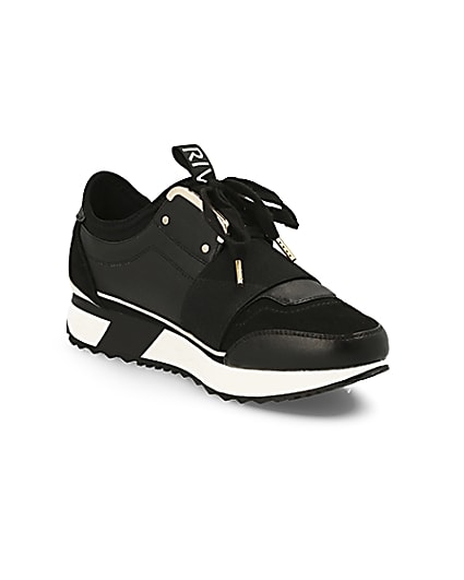 360 degree animation of product Black elasticated lace-up runner trainers frame-18