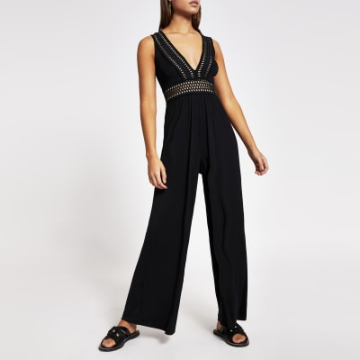 black plunge neck jumpsuit