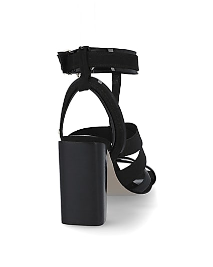 360 degree animation of product Black elasticated strap block heel sandals frame-10