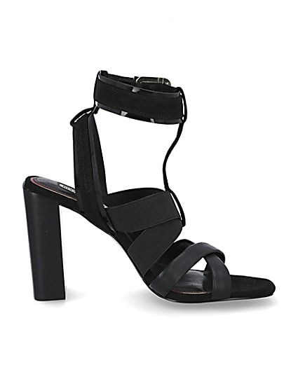 360 degree animation of product Black elasticated strap block heel sandals frame-15