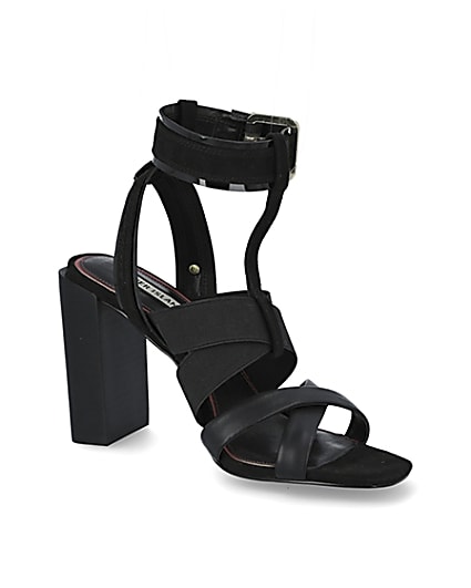360 degree animation of product Black elasticated strap block heel sandals frame-17