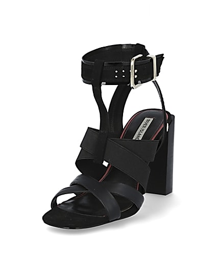 360 degree animation of product Black elasticated strap block heel sandals frame-23