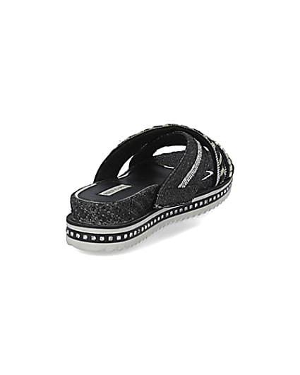 360 degree animation of product Black embellish cross strap flatform sandals frame-11