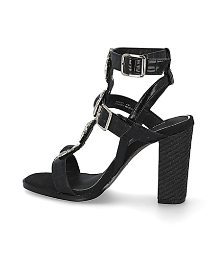 360 degree animation of product Black embellish gladiator block heel sandals frame-4