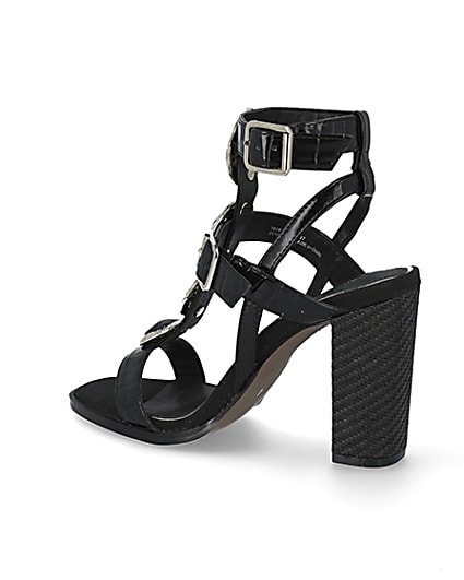 360 degree animation of product Black embellish gladiator block heel sandals frame-5