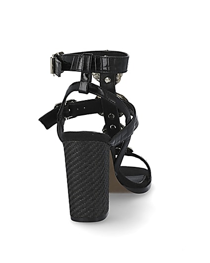360 degree animation of product Black embellish gladiator block heel sandals frame-10