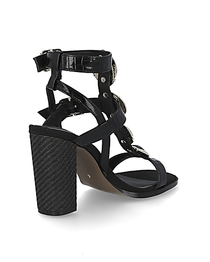 360 degree animation of product Black embellish gladiator block heel sandals frame-12