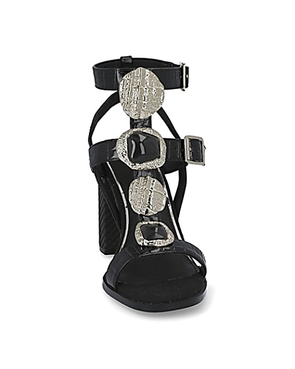 360 degree animation of product Black embellish gladiator block heel sandals frame-20