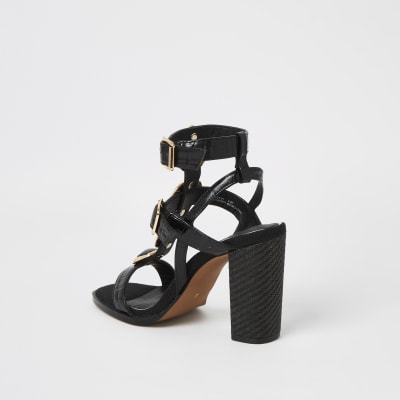 Black embellish gladiator block heel sandals