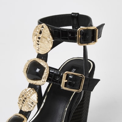 Black embellish gladiator block heel sandals