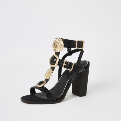 Black embellish gladiator block heel sandals