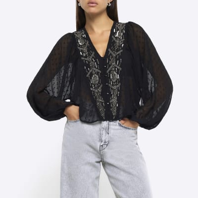 Black embellished batwing top River Island