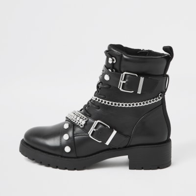 Black embellished biker lace up boots | River Island