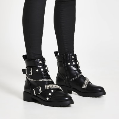 black biker lace up boots