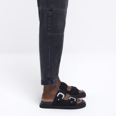 Black Embellished Buckle Slides