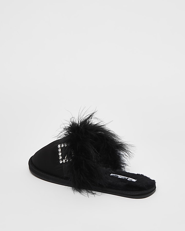 Black embellished buckle slippers