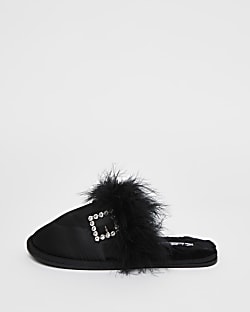 Black embellished buckle slippers