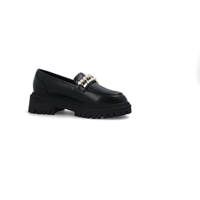 360 degree animation of product Black embellished chunky loafers frame-16