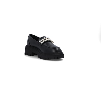 360 degree animation of product Black embellished chunky loafers frame-18