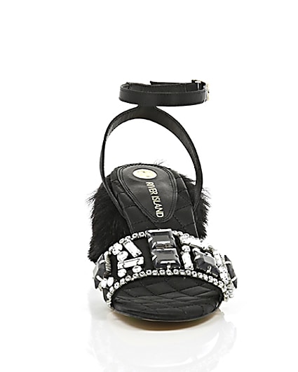 360 degree animation of product Black embellished faux fur block heel sandals frame-4