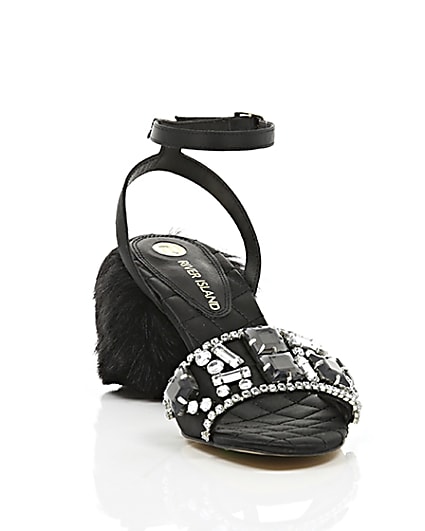 360 degree animation of product Black embellished faux fur block heel sandals frame-5