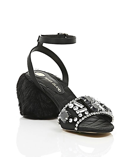 360 degree animation of product Black embellished faux fur block heel sandals frame-6