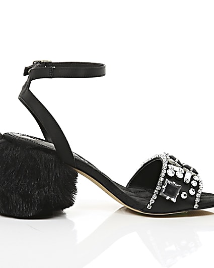 360 degree animation of product Black embellished faux fur block heel sandals frame-10