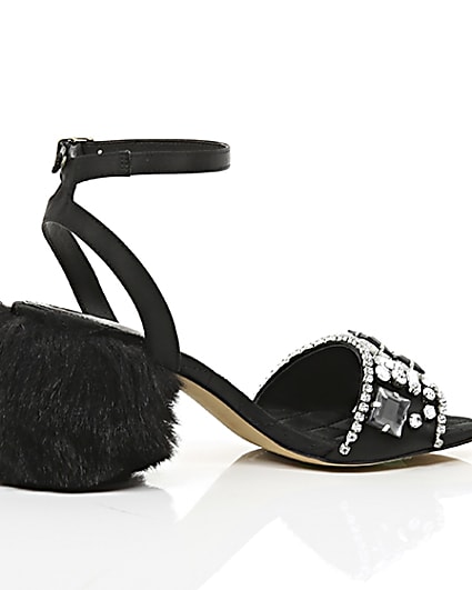 360 degree animation of product Black embellished faux fur block heel sandals frame-11