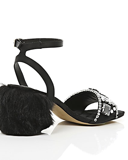 360 degree animation of product Black embellished faux fur block heel sandals frame-12