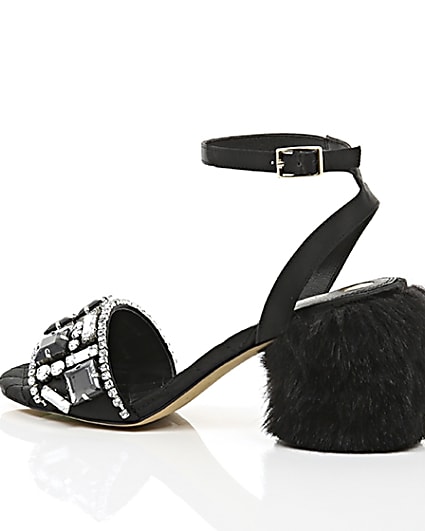 360 degree animation of product Black embellished faux fur block heel sandals frame-20