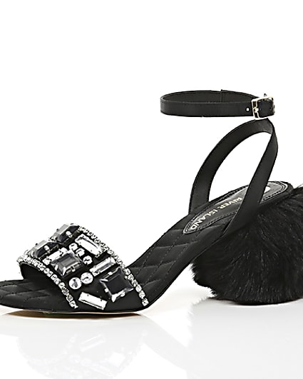 360 degree animation of product Black embellished faux fur block heel sandals frame-23
