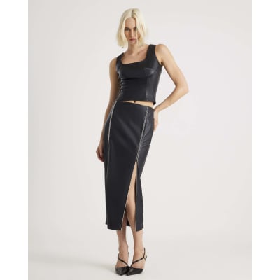 Black Embellished Faux Leather Midi Skirt