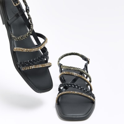 Black embellished flat sandals River Island
