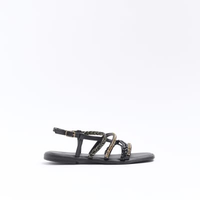 Black embellished flat sandals River Island